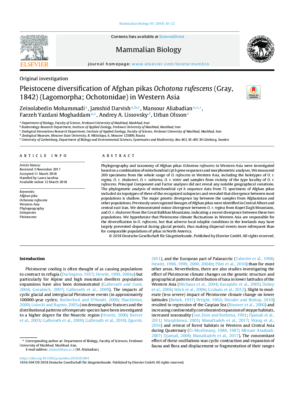 Pleistocene diversification of Afghan pikas Ochotona rufescens (Gray, 1842) (Lagomorpha; Ochotonidae) in Western Asia