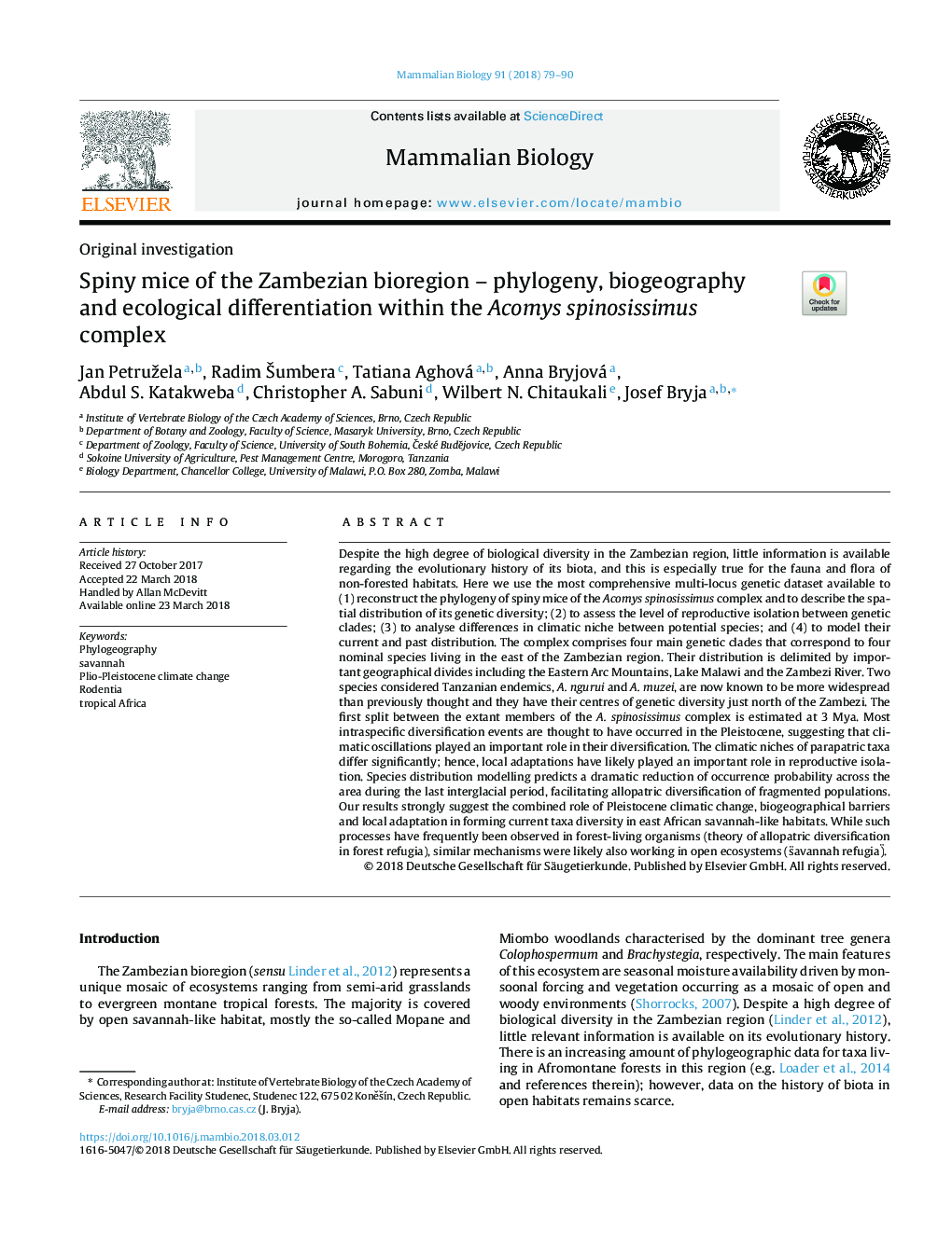 Spiny mice of the Zambezian bioregion - phylogeny, biogeography and ecological differentiation within the Acomys spinosissimus complex