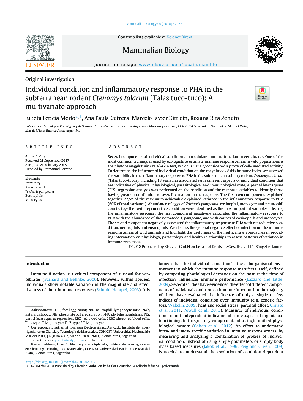 Individual condition and inflammatory response to PHA in the subterranean rodent Ctenomys talarum (Talas tuco-tuco): A multivariate approach