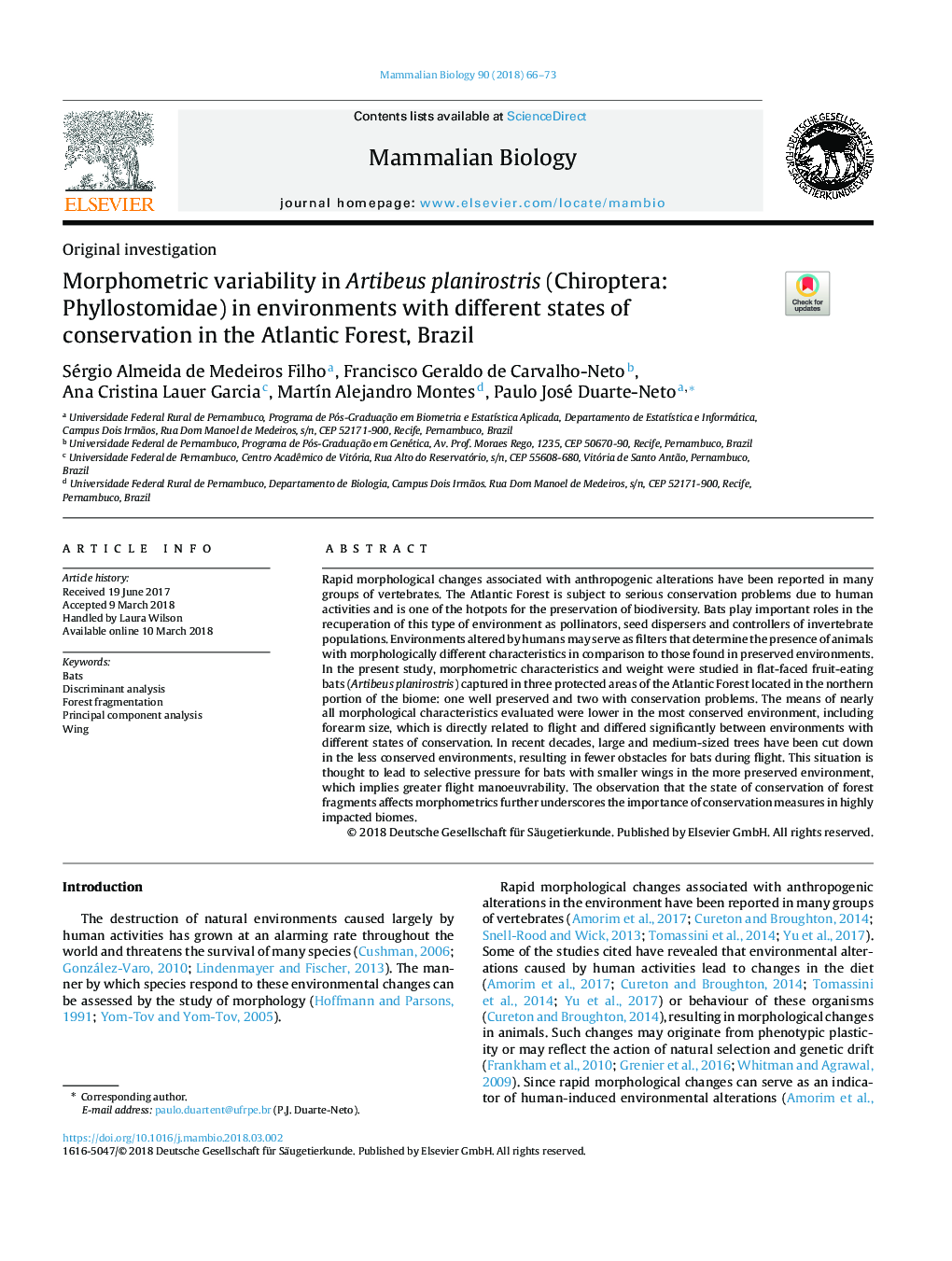 Morphometric variability in Artibeus planirostris (Chiroptera: Phyllostomidae) in environments with different states of conservation in the Atlantic Forest, Brazil