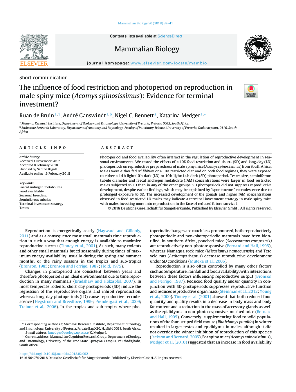 The influence of food restriction and photoperiod on reproduction in male spiny mice (Acomys spinosissimus): Evidence for terminal investment?