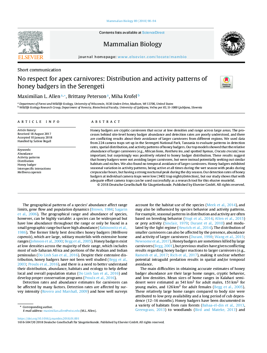 No respect for apex carnivores: Distribution and activity patterns of honey badgers in the Serengeti