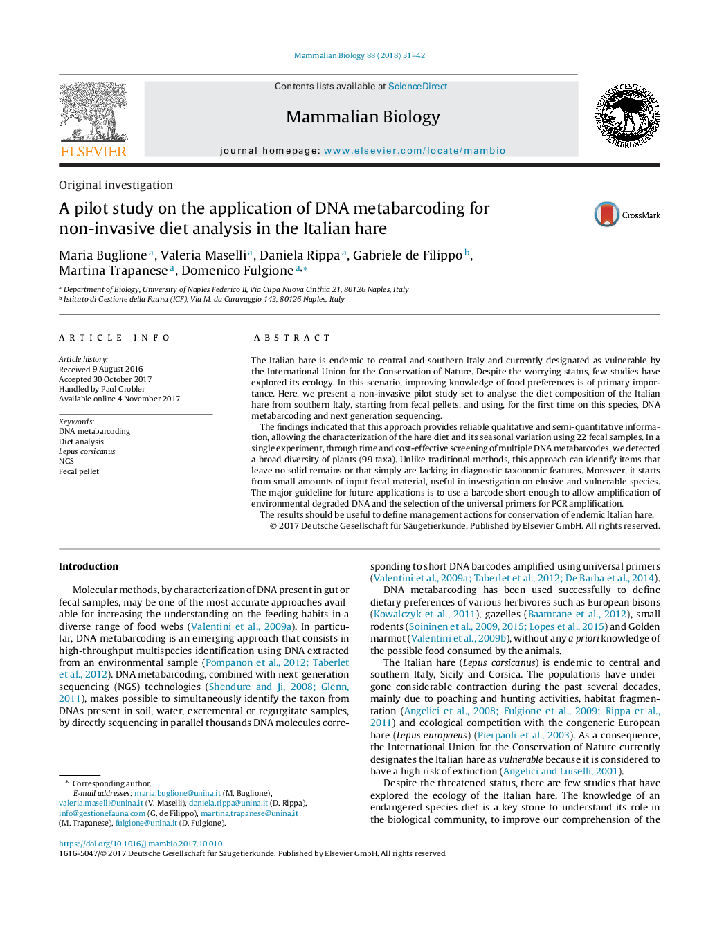 A pilot study on the application of DNA metabarcoding for non-invasive diet analysis in the Italian hare