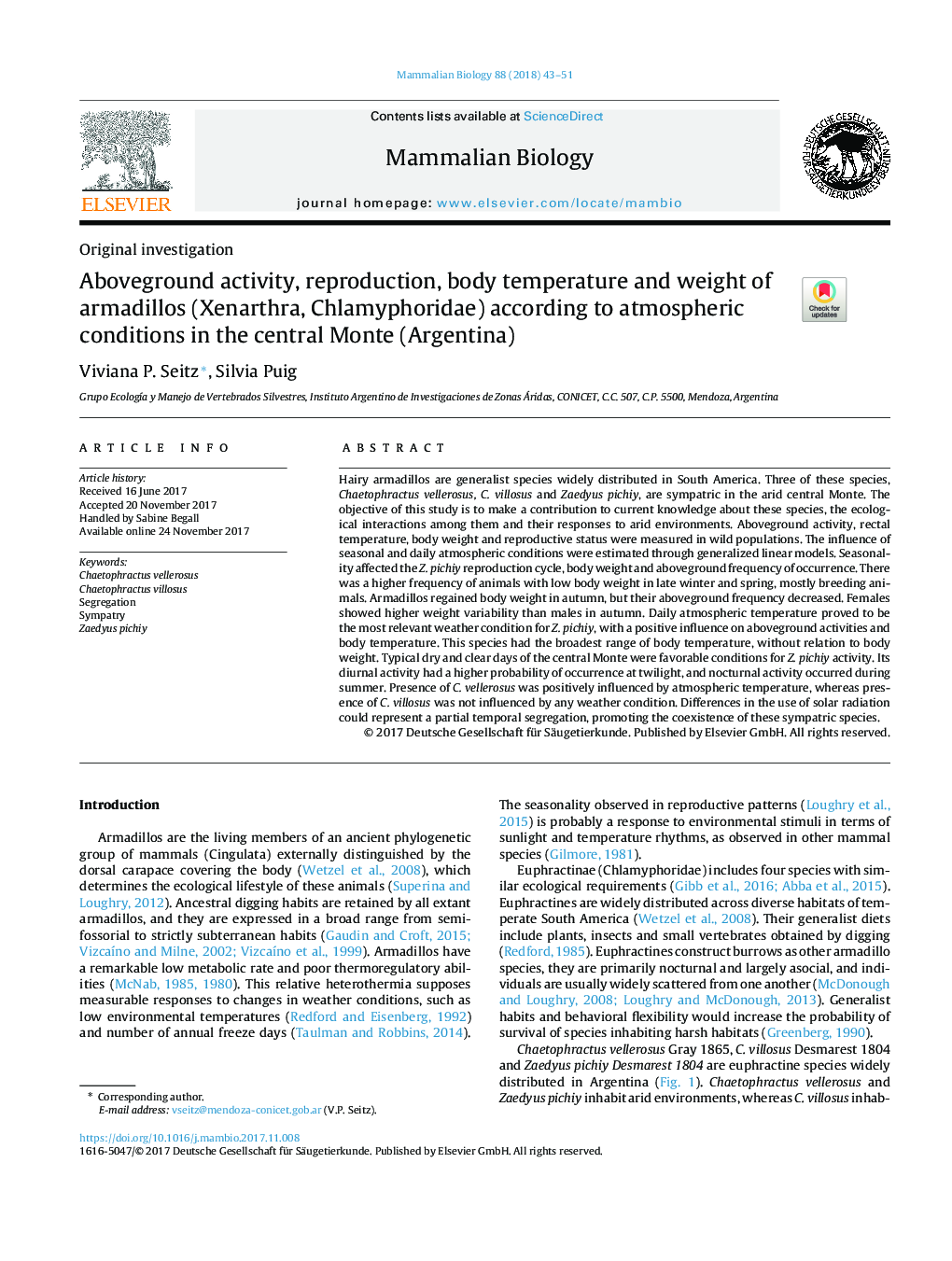 Aboveground activity, reproduction, body temperature and weight of armadillos (Xenarthra, Chlamyphoridae) according to atmospheric conditions in the central Monte (Argentina)