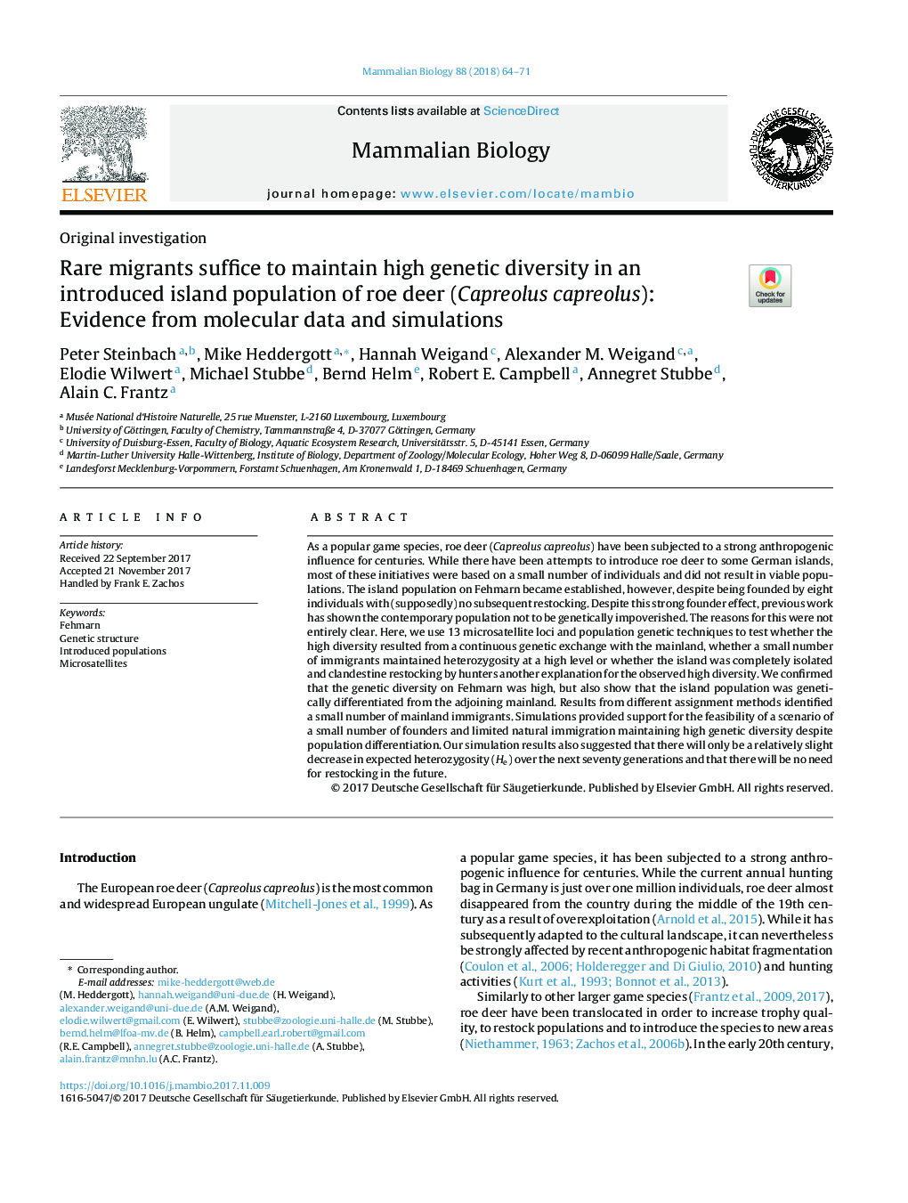 Rare migrants suffice to maintain high genetic diversity in an introduced island population of roe deer (Capreolus capreolus): Evidence from molecular data and simulations