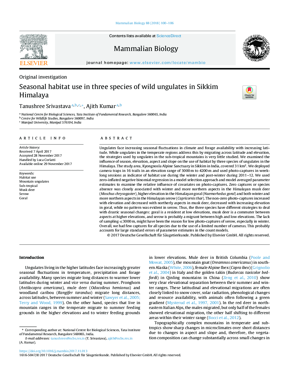 Seasonal habitat use in three species of wild ungulates in Sikkim Himalaya