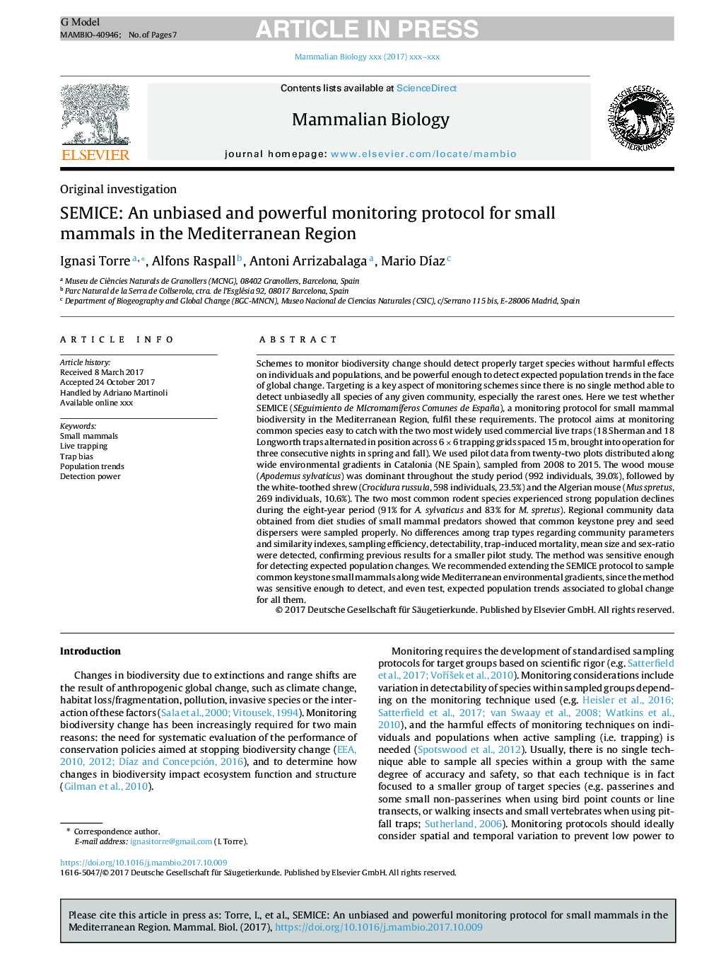 SEMICE: An unbiased and powerful monitoring protocol for small mammals in the Mediterranean Region