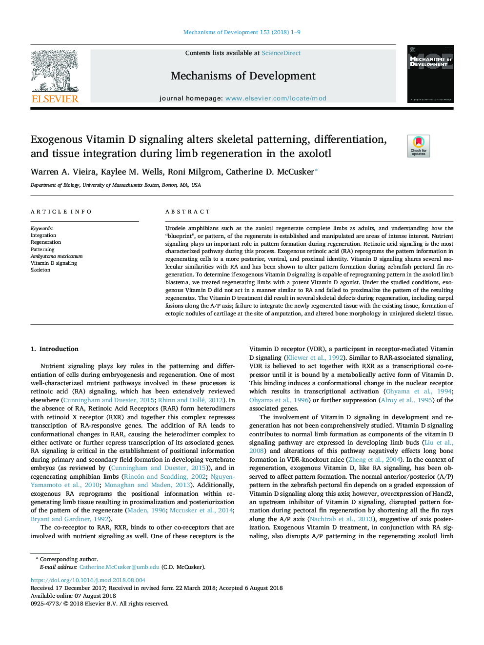 Exogenous Vitamin D signaling alters skeletal patterning, differentiation, and tissue integration during limb regeneration in the axolotl