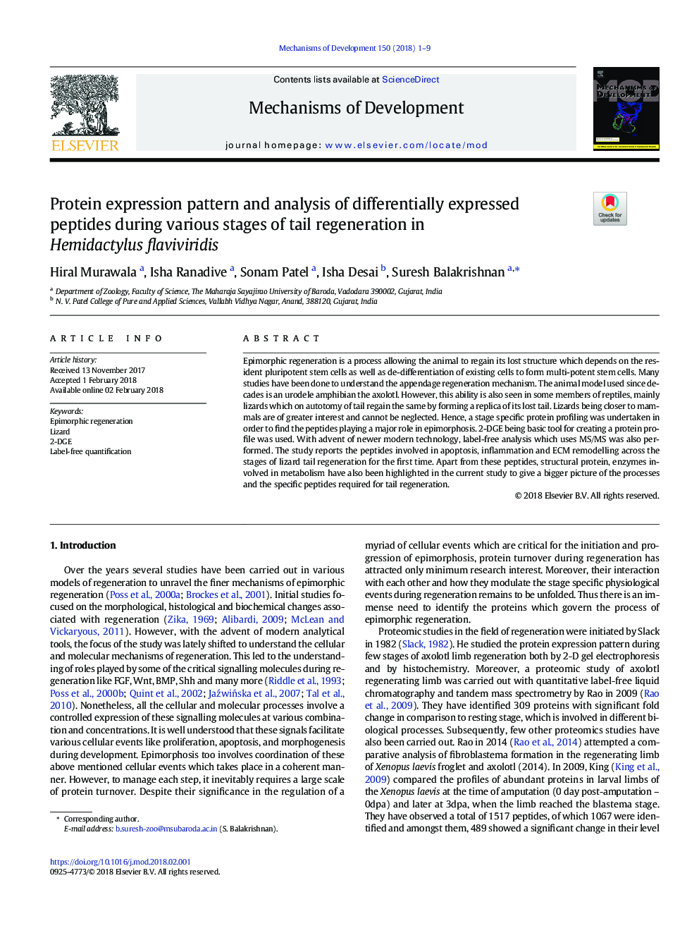 Protein expression pattern and analysis of differentially expressed peptides during various stages of tail regeneration in Hemidactylus flaviviridis