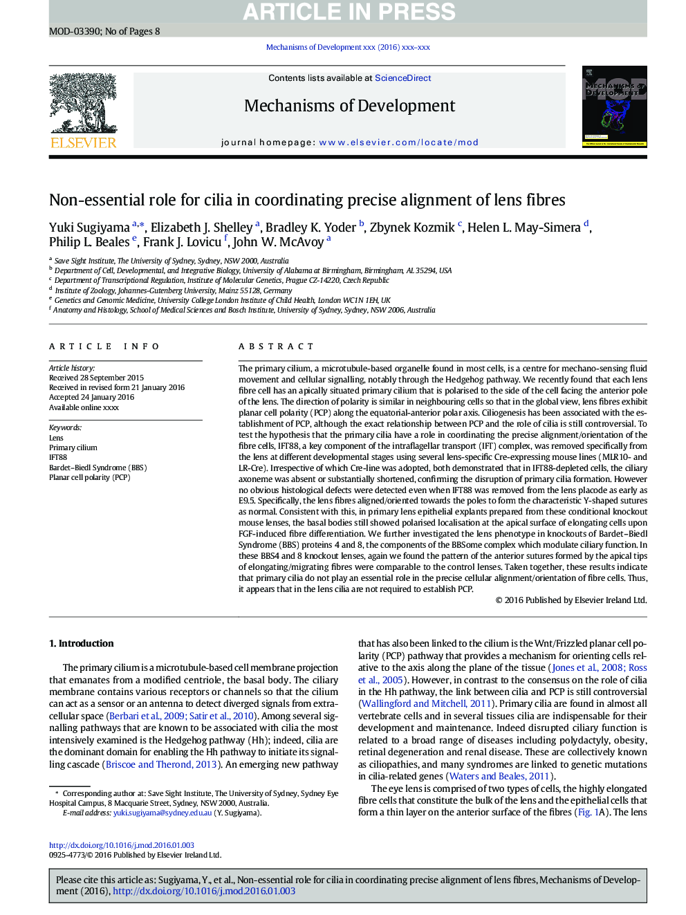 Non-essential role for cilia in coordinating precise alignment of lens fibres