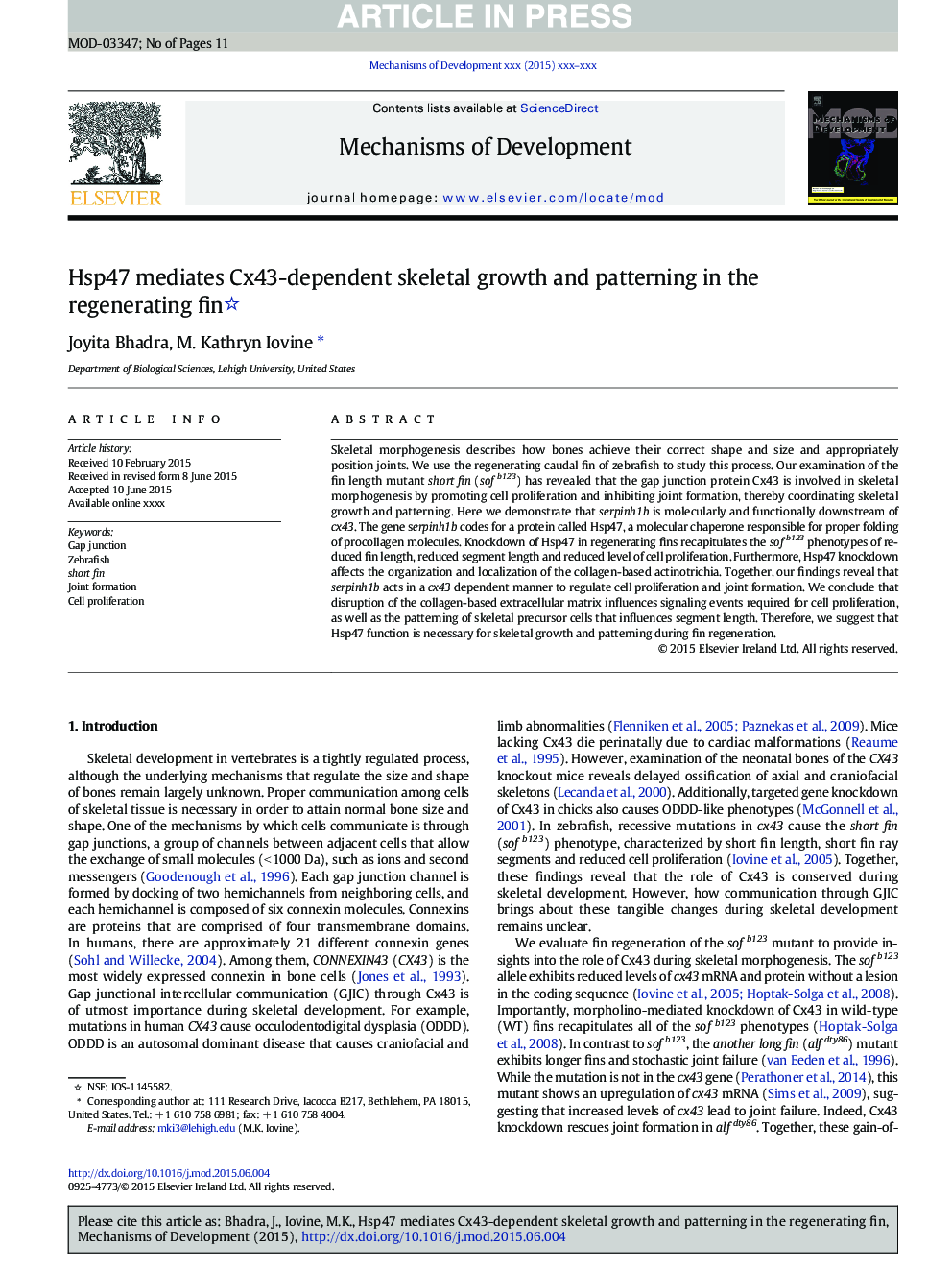 Hsp47 mediates Cx43-dependent skeletal growth and patterning in the regenerating fin