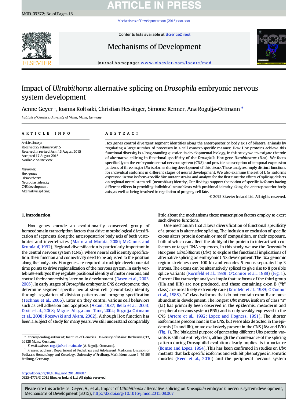 Impact of Ultrabithorax alternative splicing on Drosophila embryonic nervous system development