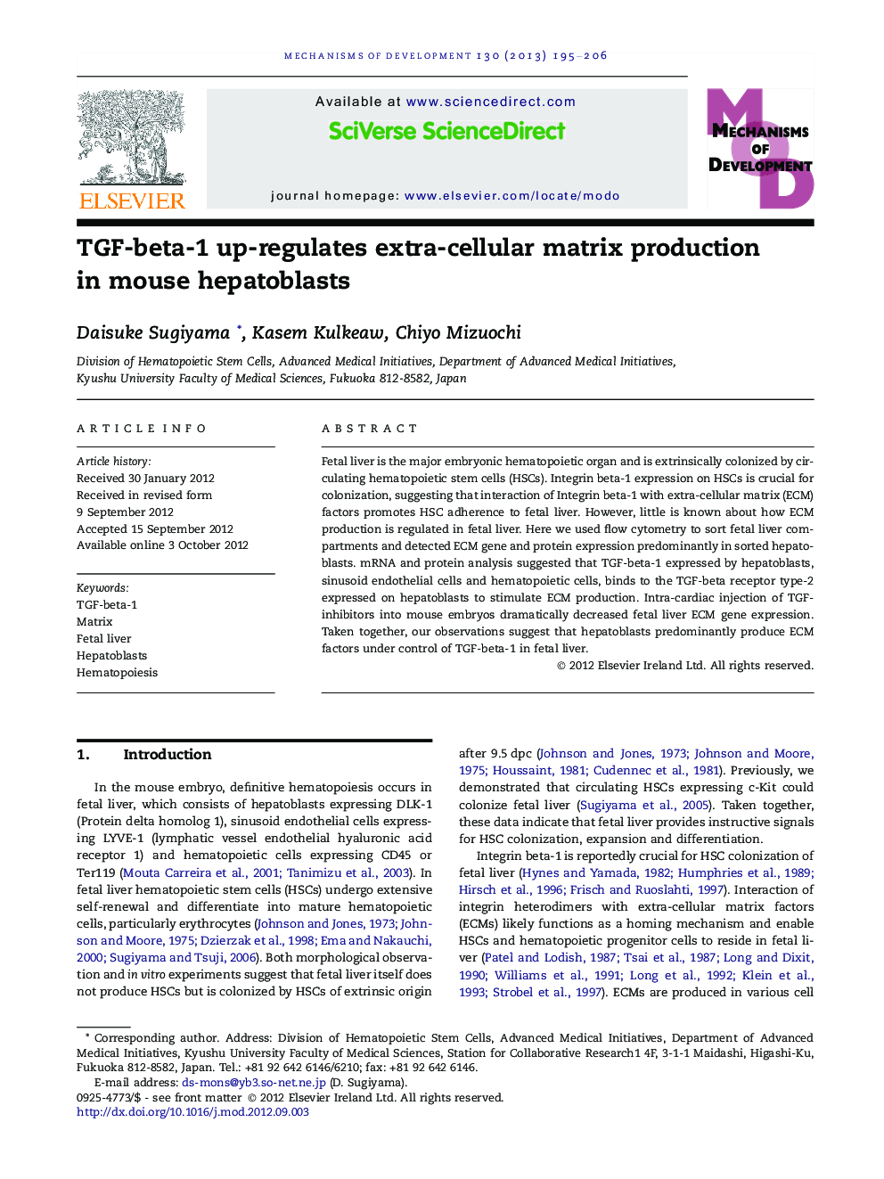 TGF-beta-1 up-regulates extra-cellular matrix production in mouse hepatoblasts