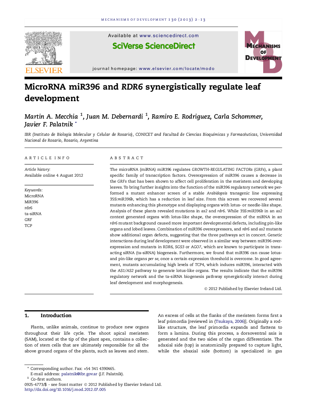 MicroRNA miR396 and RDR6 synergistically regulate leaf development