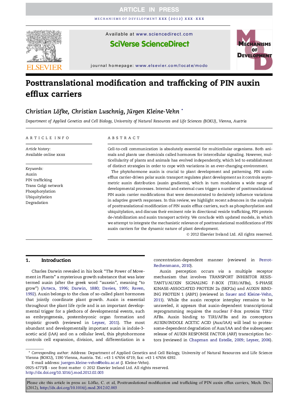 Posttranslational modification and trafficking of PIN auxin efflux carriers