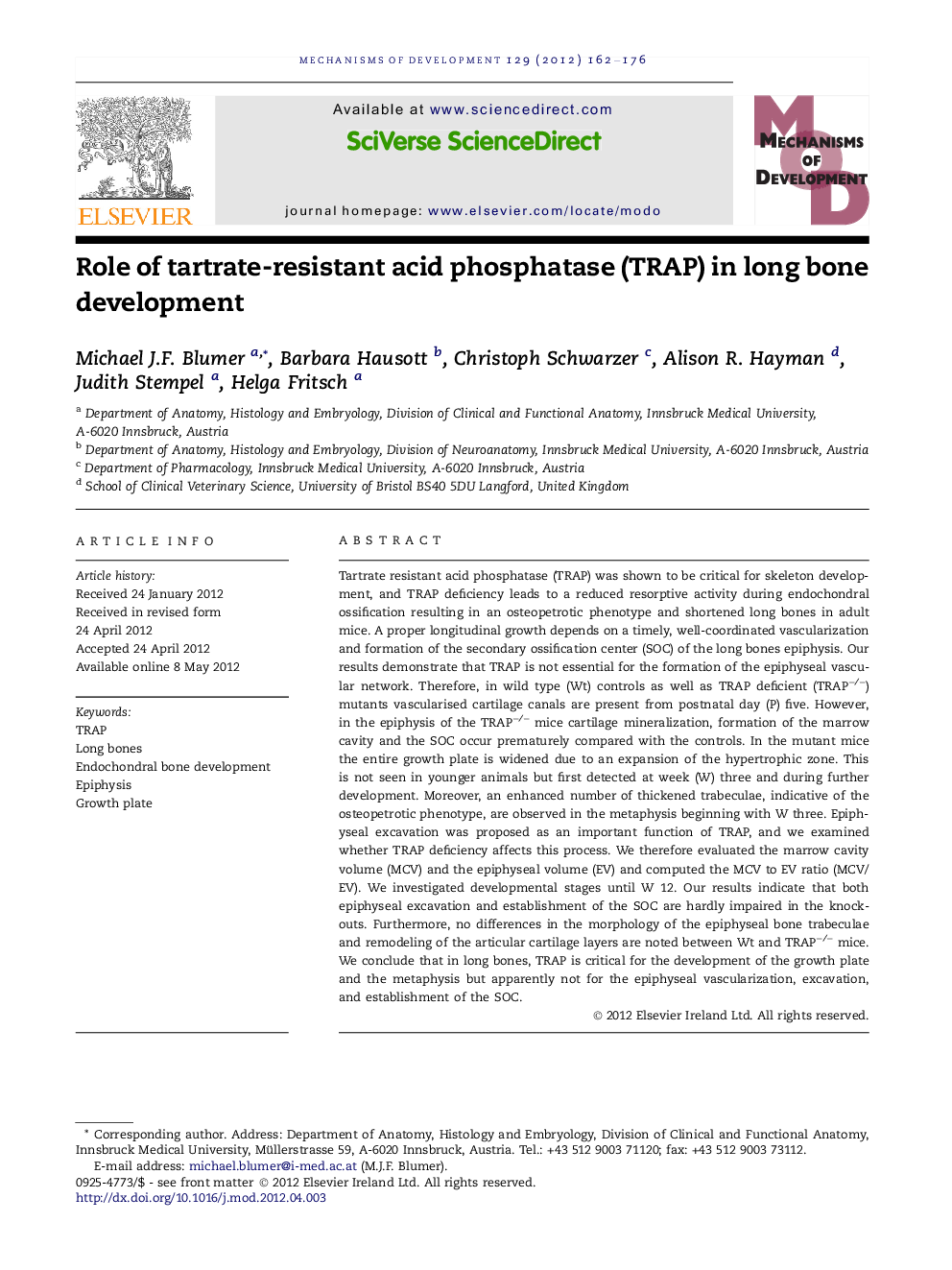 Role of tartrate-resistant acid phosphatase (TRAP) in long bone development