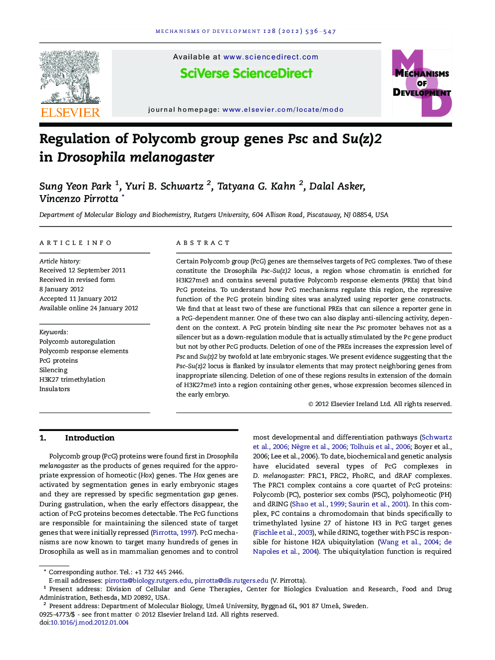 Regulation of Polycomb group genes Psc and Su(z)2 in Drosophila melanogaster