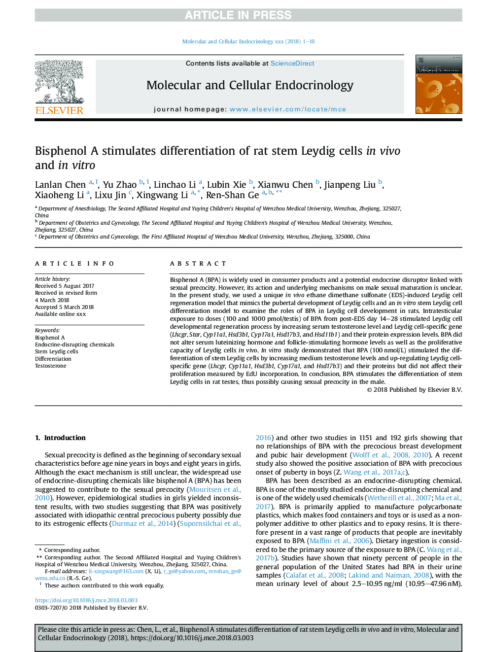 Bisphenol A stimulates differentiation of rat stem Leydig cells inÂ vivo and inÂ vitro