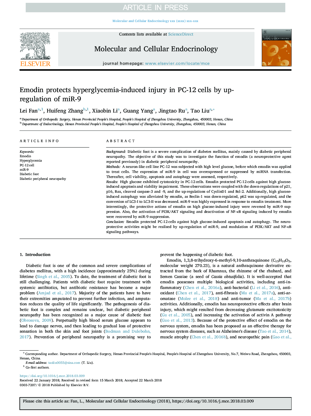 Emodin protects hyperglycemia-induced injury in PC-12â¯cells by up-regulation of miR-9