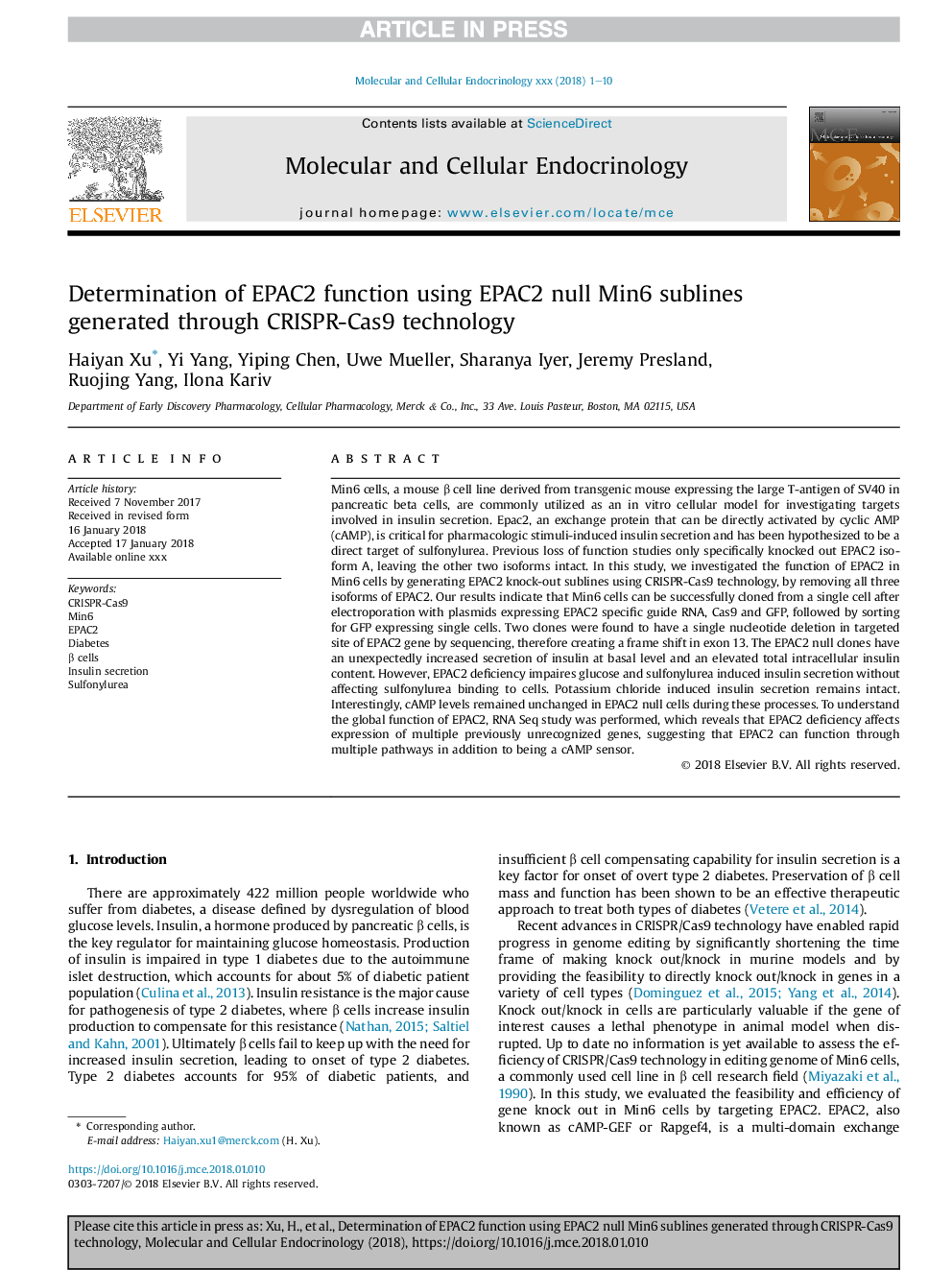 Determination of EPAC2 function using EPAC2 null Min6 sublines generated through CRISPR-Cas9 technology