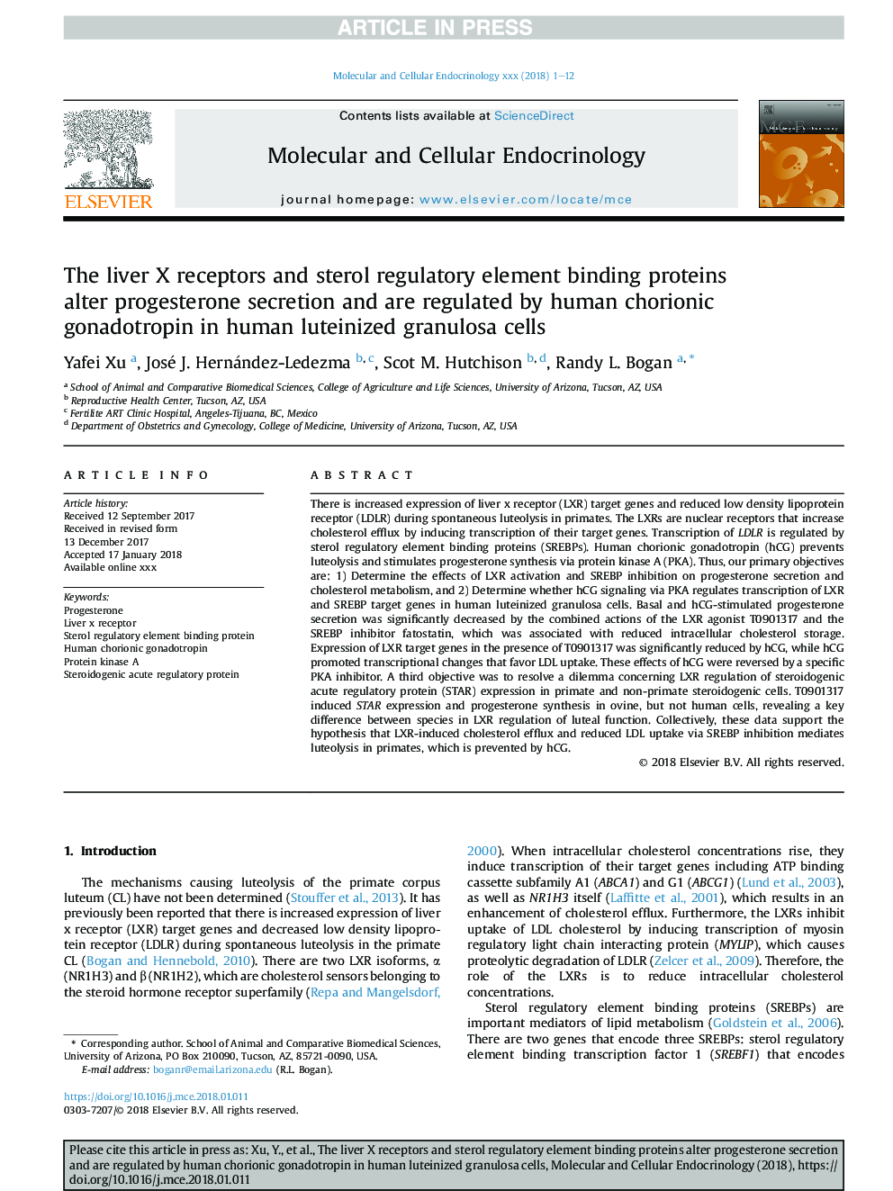 The liver X receptors and sterol regulatory element binding proteins alter progesterone secretion and are regulated by human chorionic gonadotropin in human luteinized granulosa cells