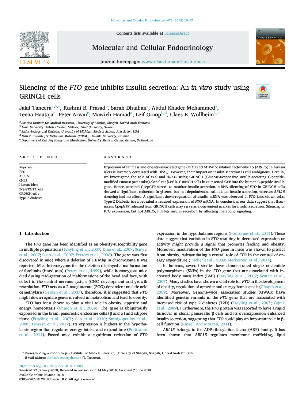 عکس صفحه اول مقاله: Silencing of the FTO gene inhibits insulin secretion: An in vitro study using GRINCH cells Silencing of the FTO gene inhibits insulin secretion: An in vitro study using GRINCH cells