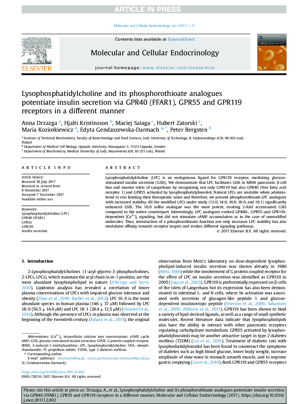 Lysophosphatidylcholine and its phosphorothioate analogues potentiate insulin secretion via GPR40 (FFAR1), GPR55 and GPR119 receptors in a different manner