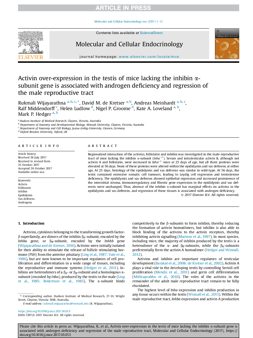 Activin over-expression in the testis of mice lacking the inhibin Î±-subunit gene is associated with androgen deficiency and regression of the male reproductive tract