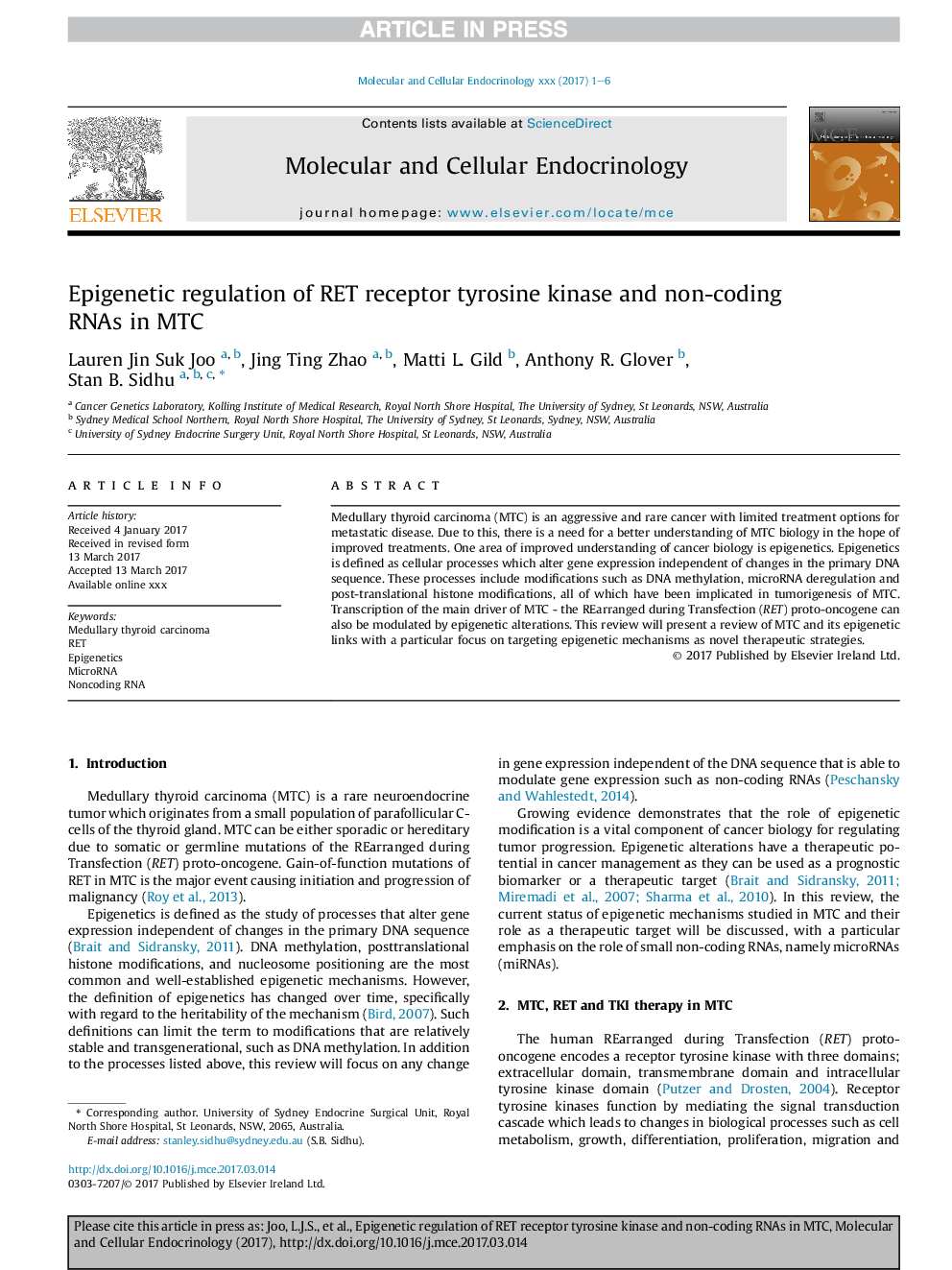 Epigenetic regulation of RET receptor tyrosine kinase and non-coding RNAs in MTC