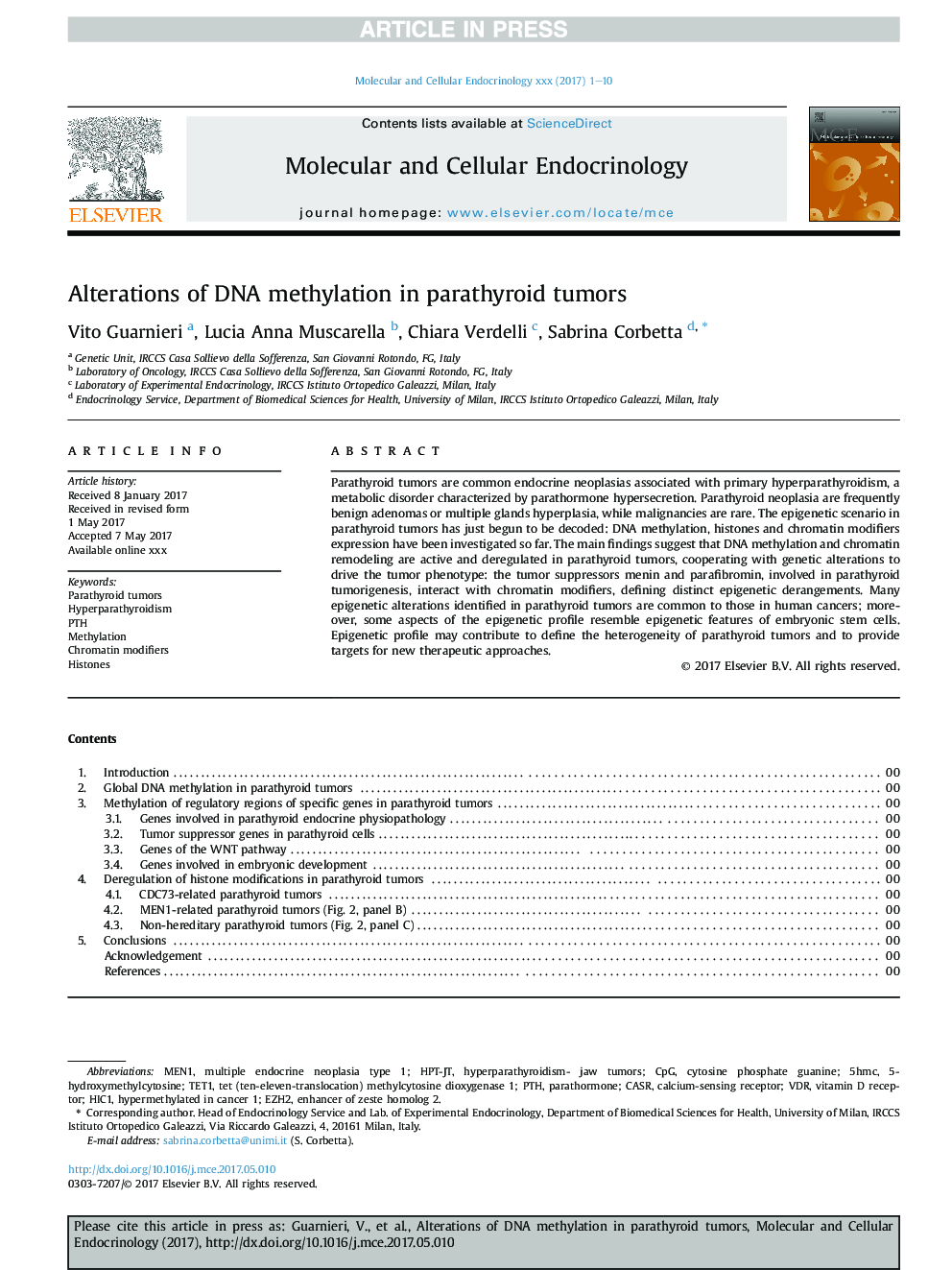 Alterations of DNA methylation in parathyroid tumors