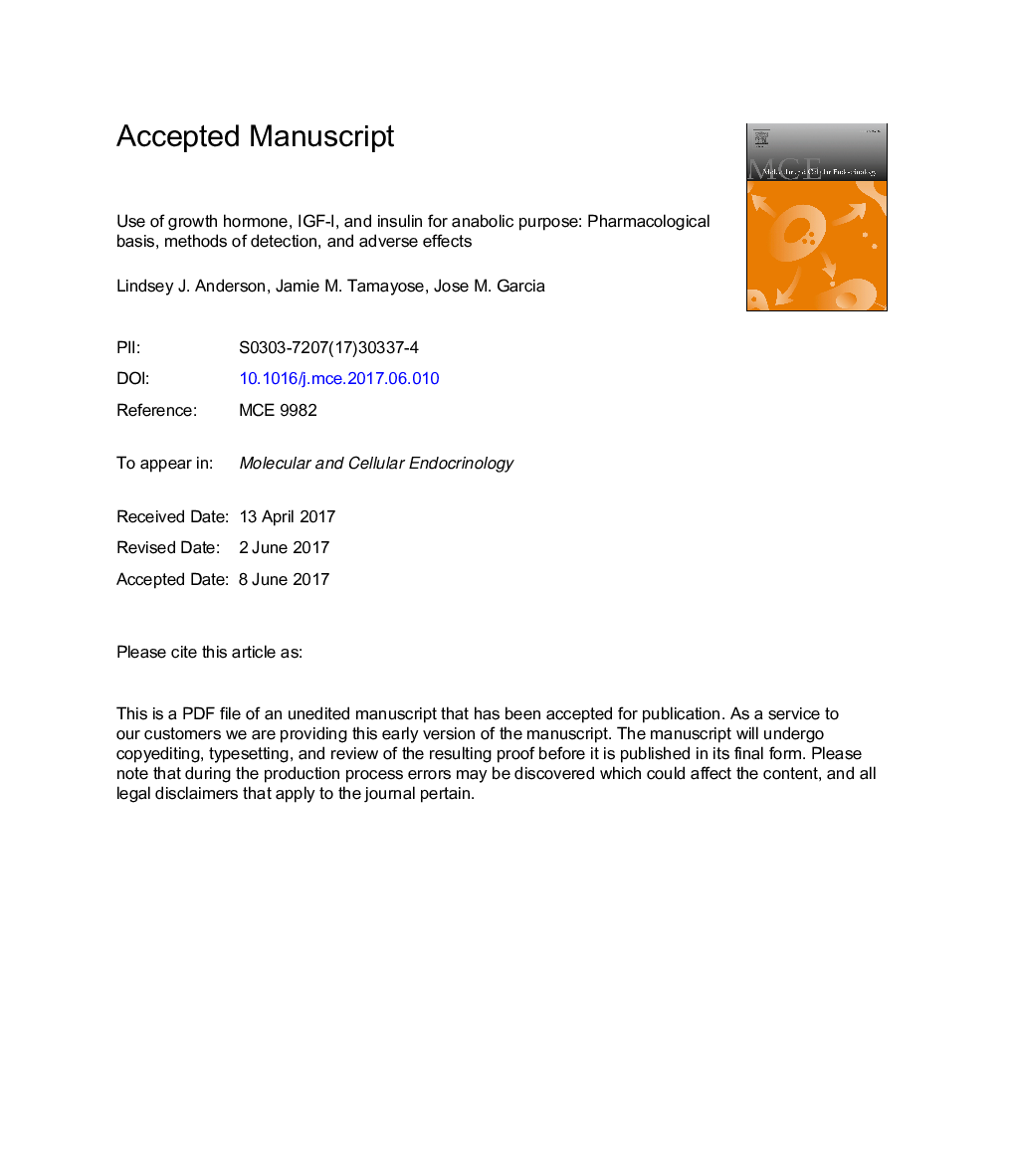 Use of growth hormone, IGF-I, and insulin for anabolic purpose: Pharmacological basis, methods of detection, and adverse effects