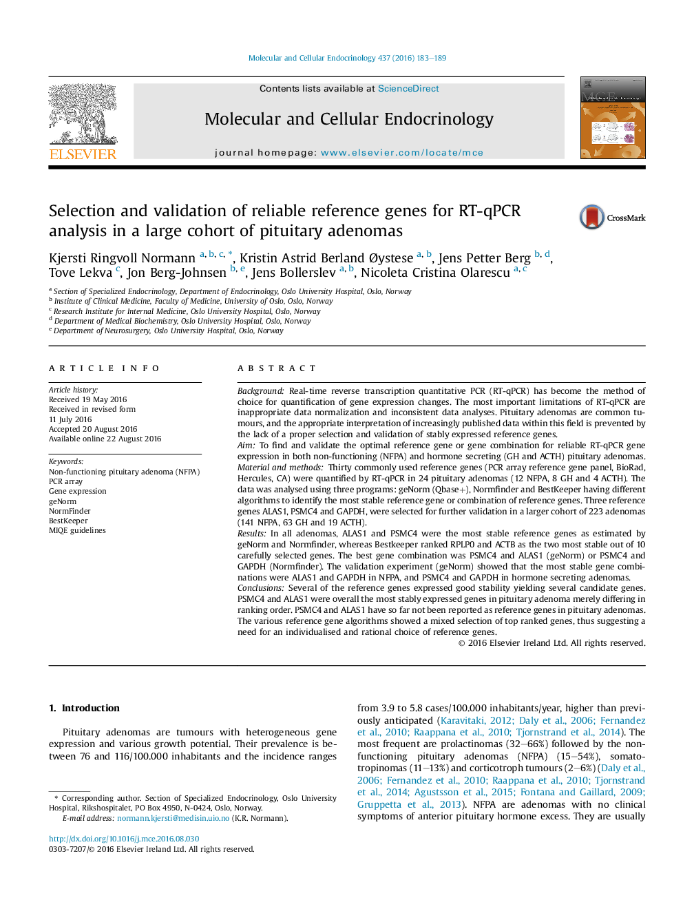 عکس صفحه اول مقاله: Selection and validation of reliable reference genes for RT-qPCR analysis in a large cohort of pituitary adenomas Selection and validation of reliable reference genes for RT-qPCR analysis in a large cohort of pituitary adenomas