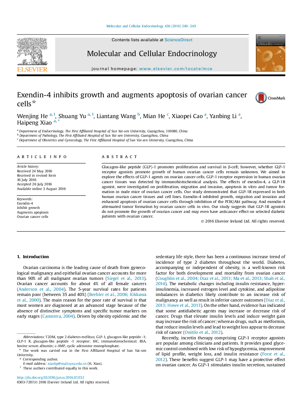 Exendin-4 inhibits growth and augments apoptosis of ovarian cancer cells