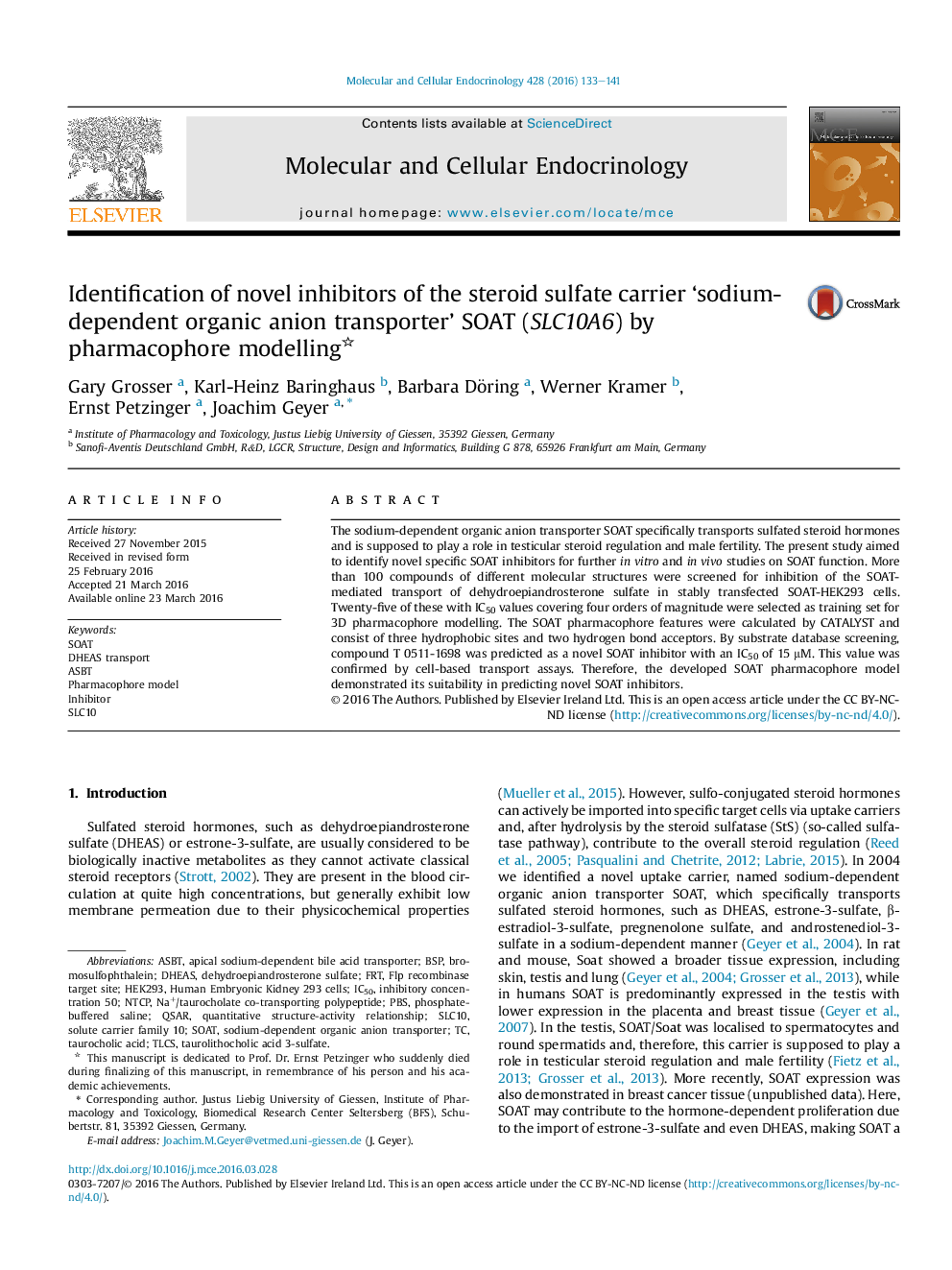 Identification of novel inhibitors of the steroid sulfate carrier 'sodium-dependent organic anion transporter' SOAT (SLC10A6) by pharmacophore modelling