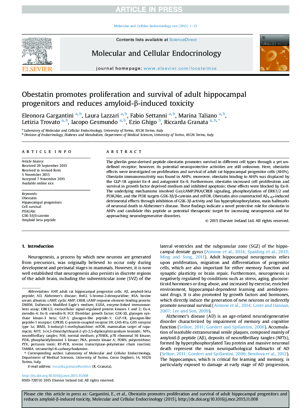 عکس صفحه اول مقاله: Obestatin promotes proliferation and survival of adult hippocampal progenitors and reduces amyloid-β-induced toxicity Obestatin promotes proliferation and survival of adult hippocampal progenitors and reduces amyloid-β-induced toxicity