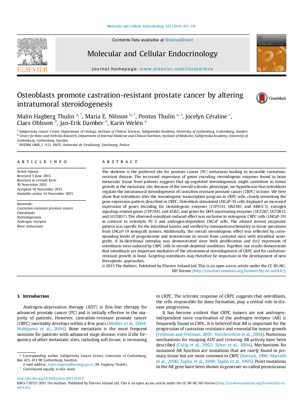 Osteoblasts promote castration-resistant prostate cancer by altering intratumoral steroidogenesis