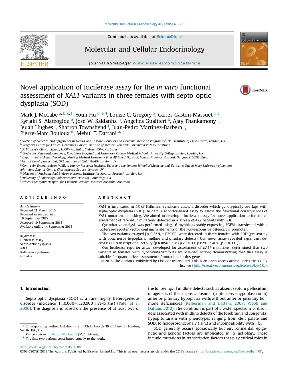 Novel application of luciferase assay for the inÂ vitro functional assessment of KAL1 variants in three females with septo-optic dysplasia (SOD)