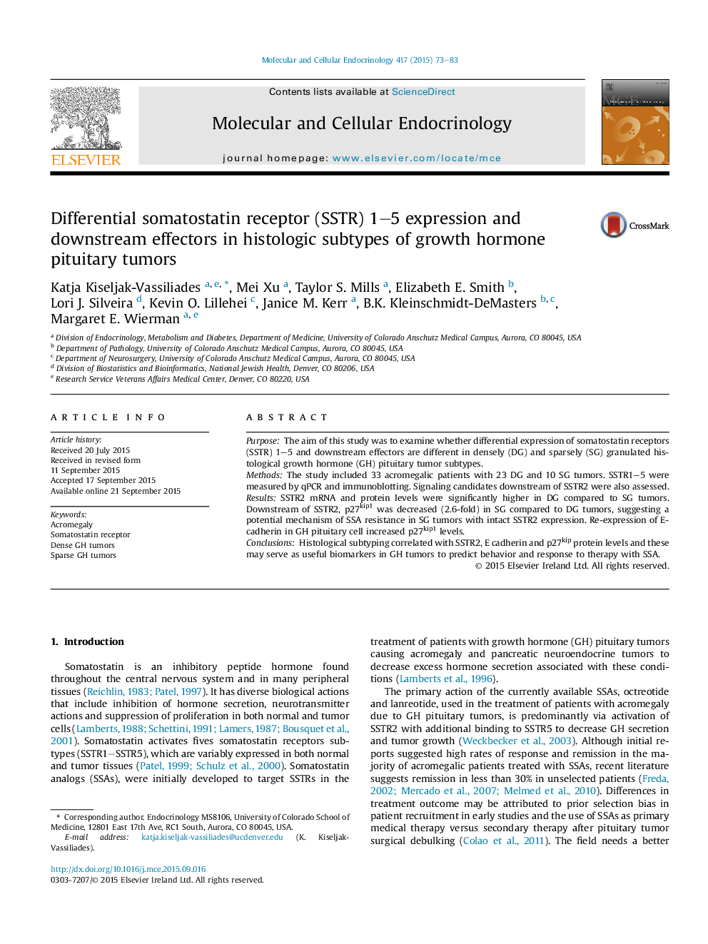 Differential somatostatin receptor (SSTR) 1-5 expression and downstream effectors in histologic subtypes of growth hormone pituitary tumors