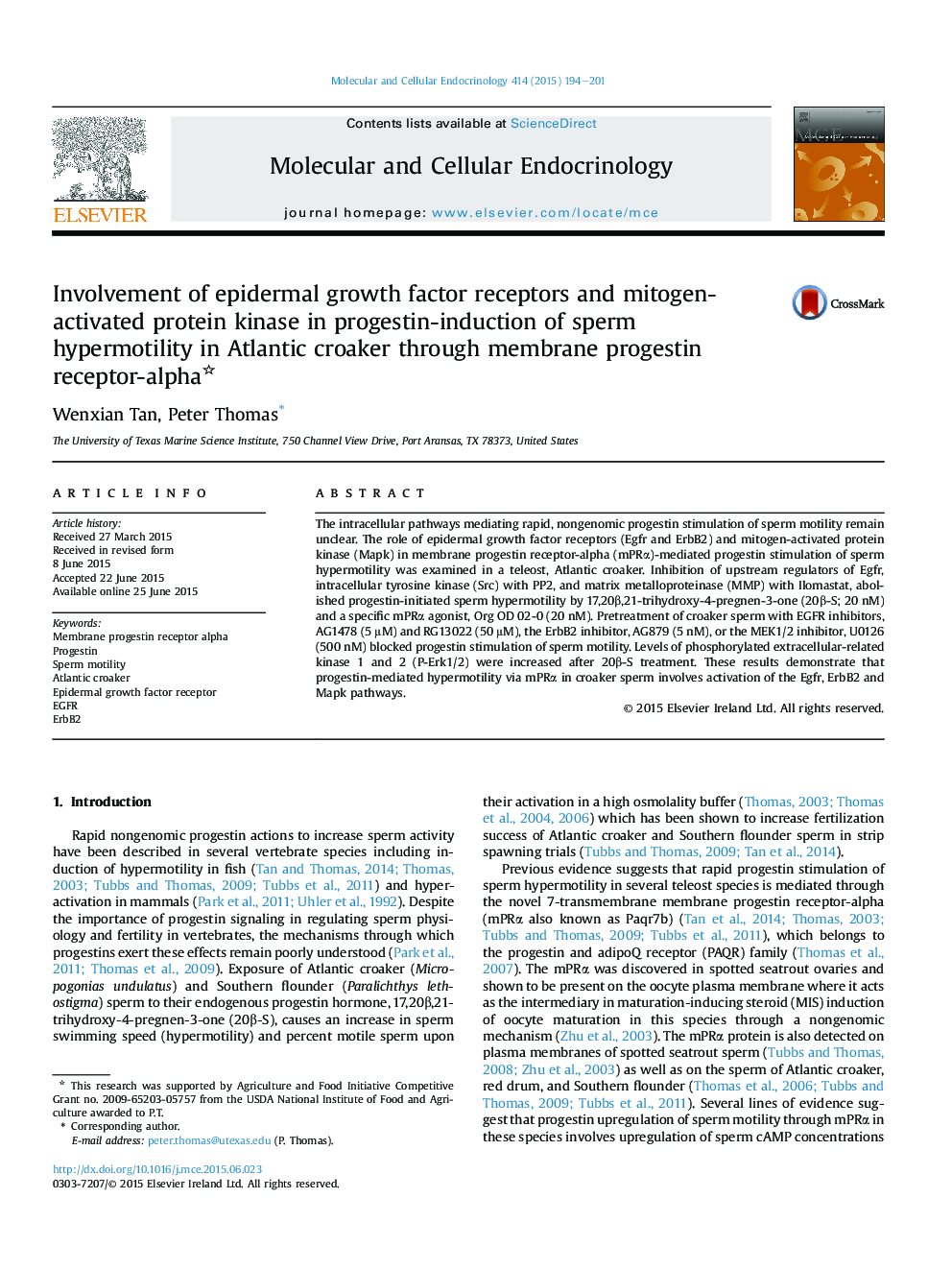 Involvement of epidermal growth factor receptors and mitogen-activated protein kinase in progestin-induction of sperm hypermotility in Atlantic croaker through membrane progestin receptor-alpha