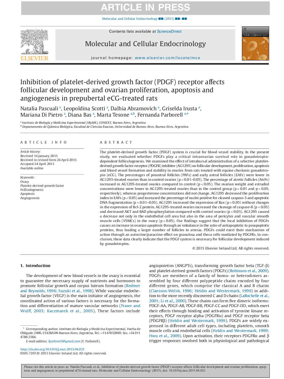 Inhibition of platelet-derived growth factor (PDGF) receptor affects follicular development and ovarian proliferation, apoptosis and angiogenesis in prepubertal eCG-treated rats