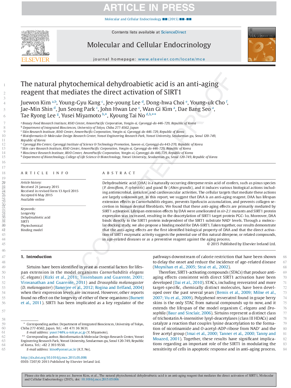 The natural phytochemical dehydroabietic acid is an anti-aging reagent that mediates the direct activation of SIRT1