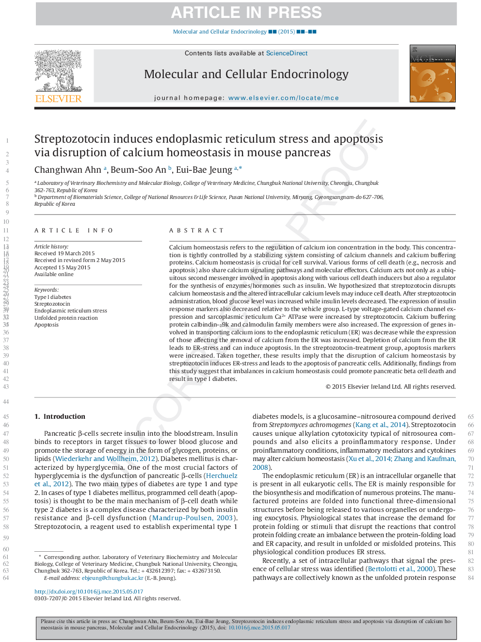 Streptozotocin induces endoplasmic reticulum stress and apoptosis via disruption of calcium homeostasis in mouse pancreas