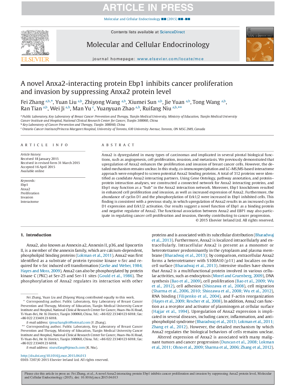 A novel Anxa2-interacting protein Ebp1 inhibits cancer proliferation and invasion by suppressing Anxa2 protein level