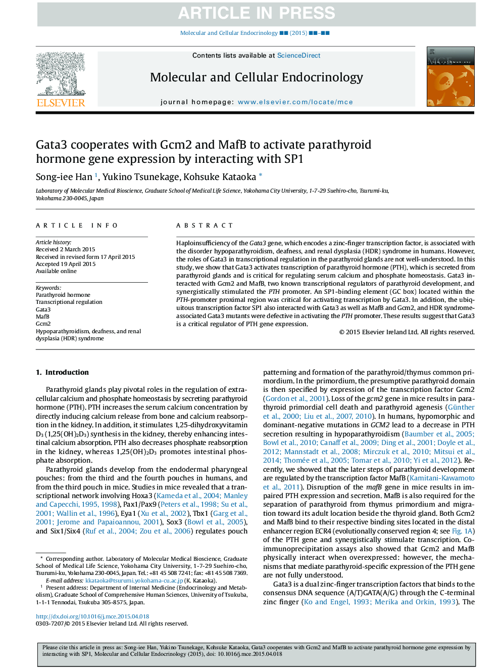 Gata3 cooperates with Gcm2 and MafB to activate parathyroid hormone gene expression by interacting with SP1