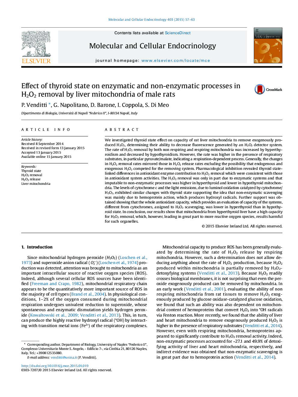 Effect of thyroid state on enzymatic and non-enzymatic processes in H2O2 removal by liver mitochondria of male rats