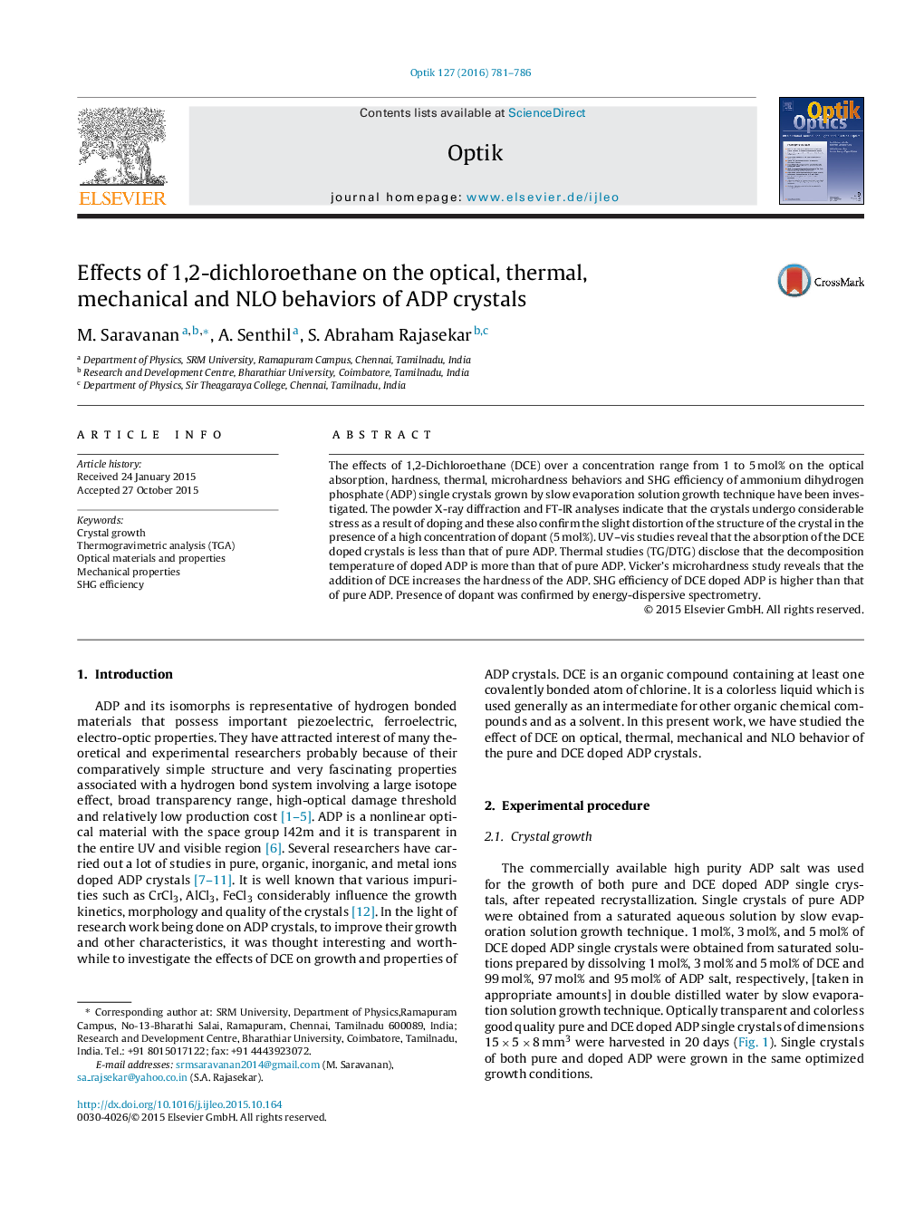 Effects of 1,2-dichloroethane on the optical, thermal, mechanical and NLO behaviors of ADP crystals