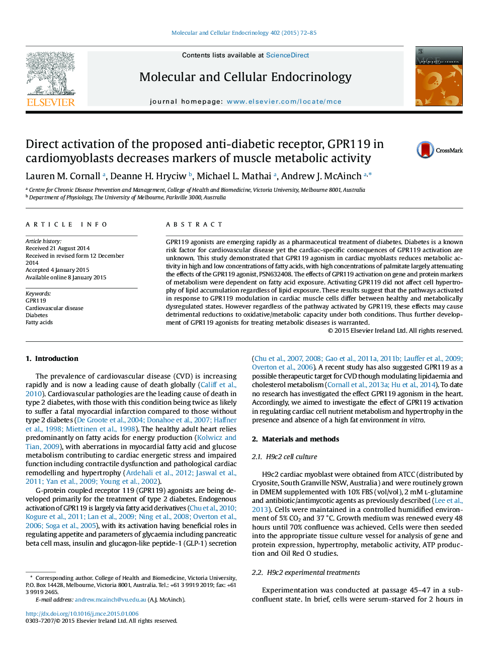 Direct activation of the proposed anti-diabetic receptor, GPR119 in cardiomyoblasts decreases markers of muscle metabolic activity
