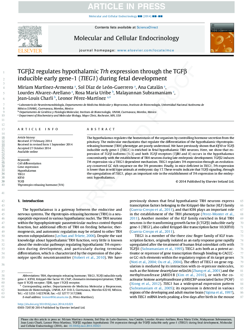 TGFÎ²2 regulates hypothalamic Trh expression through the TGFÎ² inducible early gene-1 (TIEG1) during fetal development