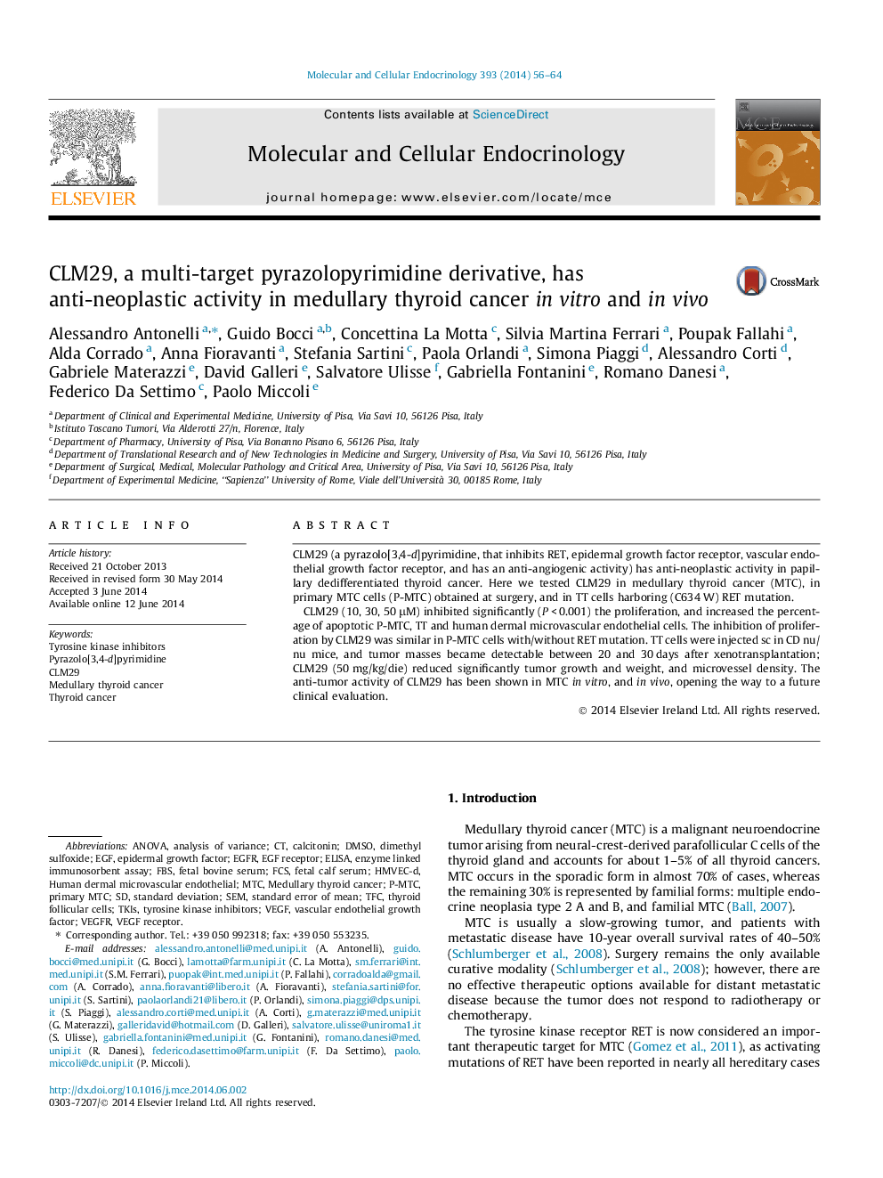 CLM29, a multi-target pyrazolopyrimidine derivative, has anti-neoplastic activity in medullary thyroid cancer in vitro and in vivo