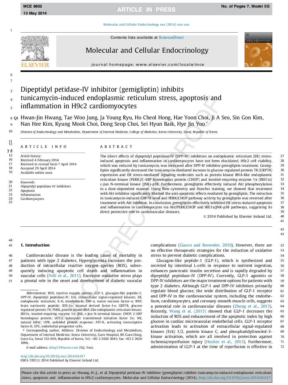 عکس صفحه اول مقاله: Dipeptidyl petidase-IV inhibitor (gemigliptin) inhibits tunicamycin-induced endoplasmic reticulum stress, apoptosis and inflammation in H9c2 cardiomyocytes Dipeptidyl petidase-IV inhibitor (gemigliptin) inhibits tunicamycin-induced endoplasmic reticulum stress, apoptosis and inflammation in H9c2 cardiomyocytes